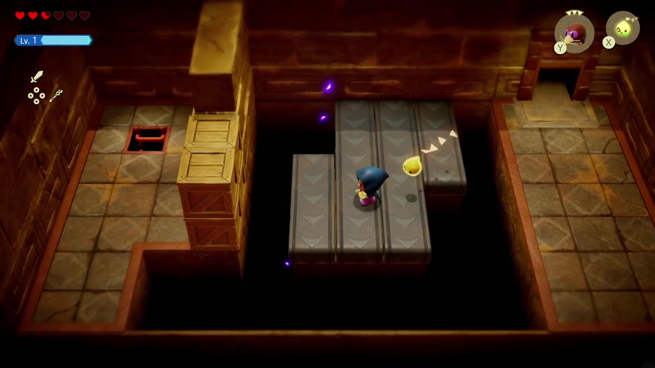 Gerudo Sanctum Dungeon - The Legend of Zelda: Echoes of Wisdom Walkthrough 39 Zelda steps onto the moving floor to ride it toward the far platform stacked with wooden crates.