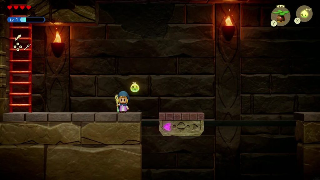 Zelda rides a moving platform through the side-view passage of Suthorn Ruins