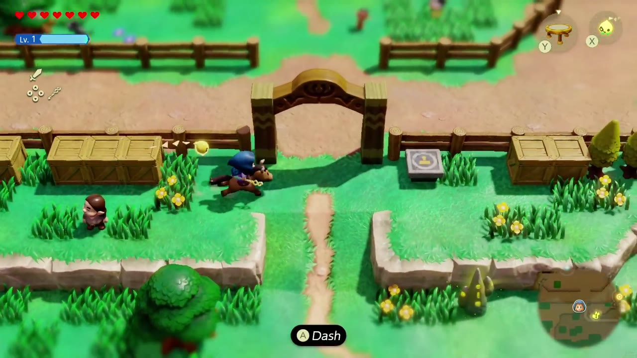 Runaway Horse - The Legend of Zelda: Echoes of Wisdom Walkthrough 17 Zelda rides the horse past the ranch's archway gate toward the paddock.