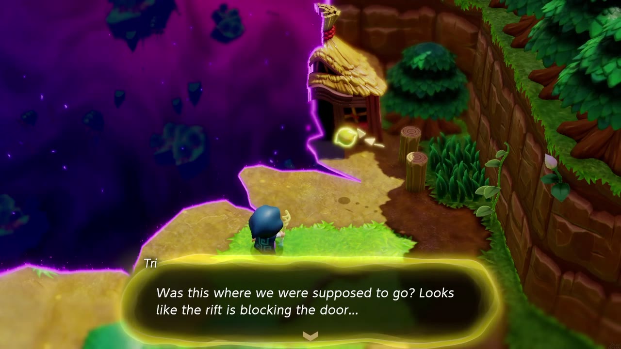 The Mysterious Rifts in Suthorn Forest - The Legend of Zelda: Echoes of Wisdom Walkthrough 20 Tri notices the rift blocking the door of the hut at the edge of Suthorn Forest