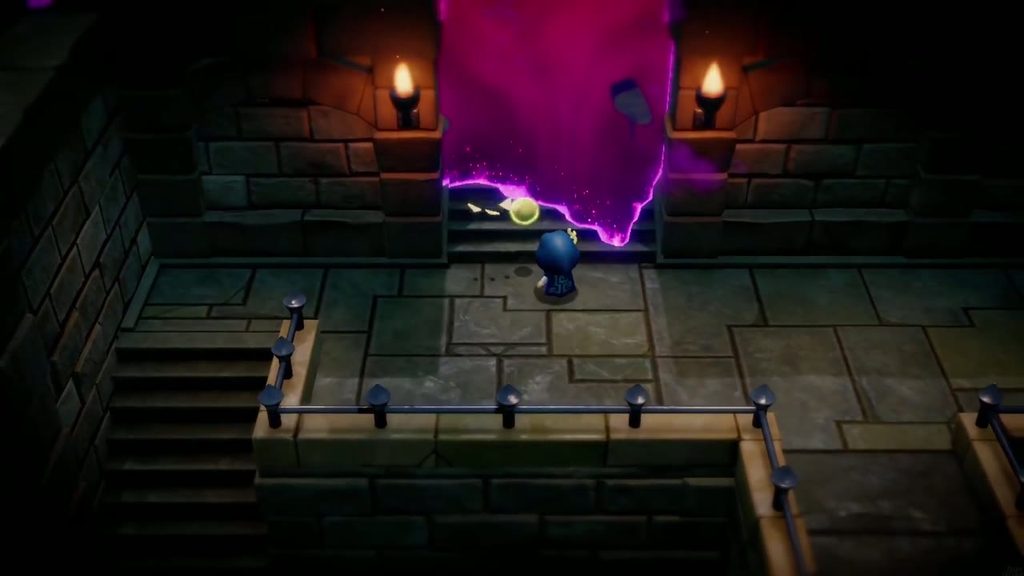 A purple rift blocks the stairs out of the passage beneath Hyrule Castle as Zelda approaches