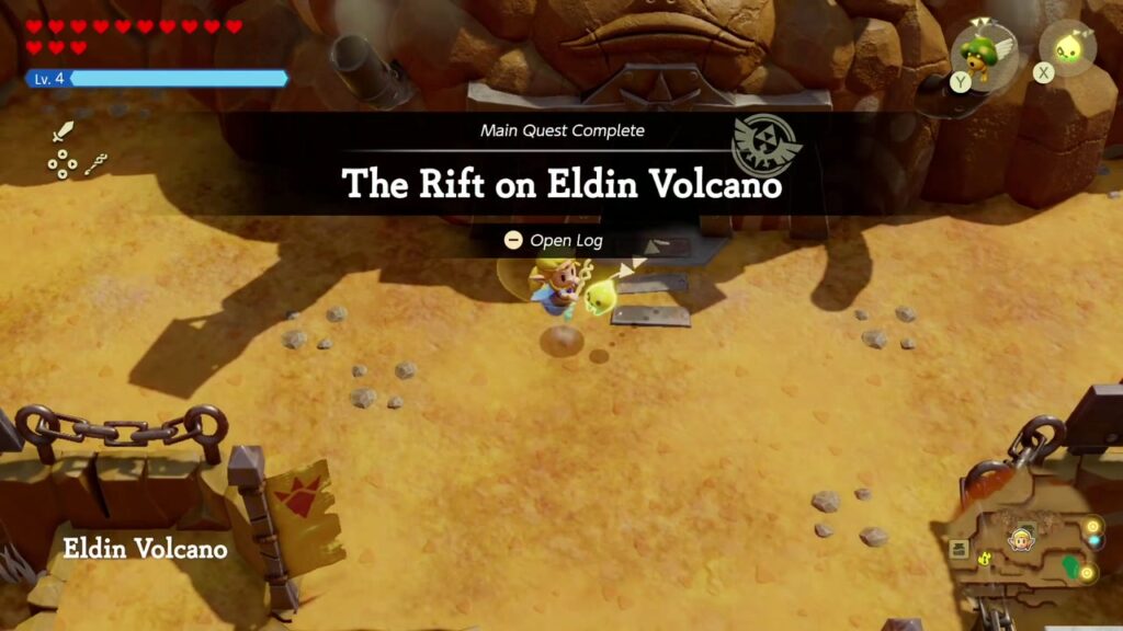 The Rift on Eldin Volcano - The Legend of Zelda: Echoes of Wisdom Walkthrough 72 Main Quest Complete banner for The Rift on Eldin Volcano outside Goron City