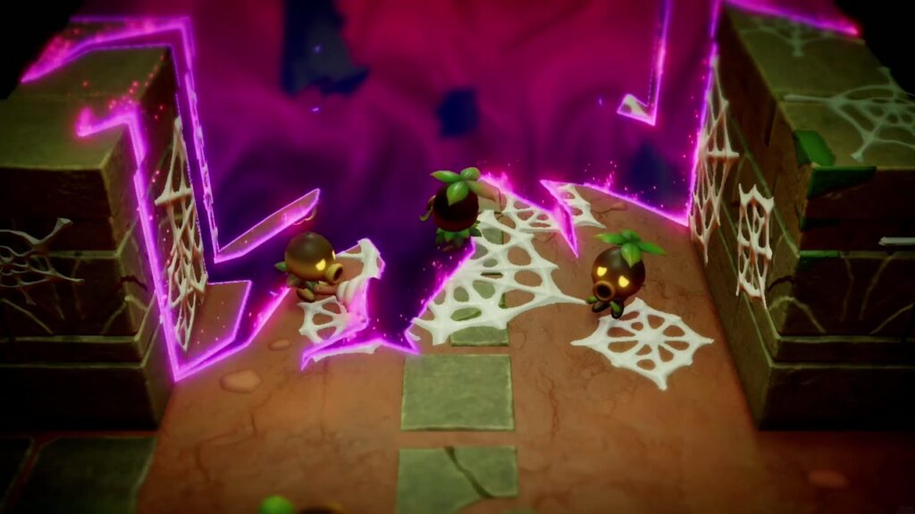 A Rift in the Faron Wetlands - The Legend of Zelda: Echoes of Wisdom Walkthrough 49 The rift tears open inside the web-strewn Sweet Spot hall and starts swallowing the feasting Deku Scrubs.
