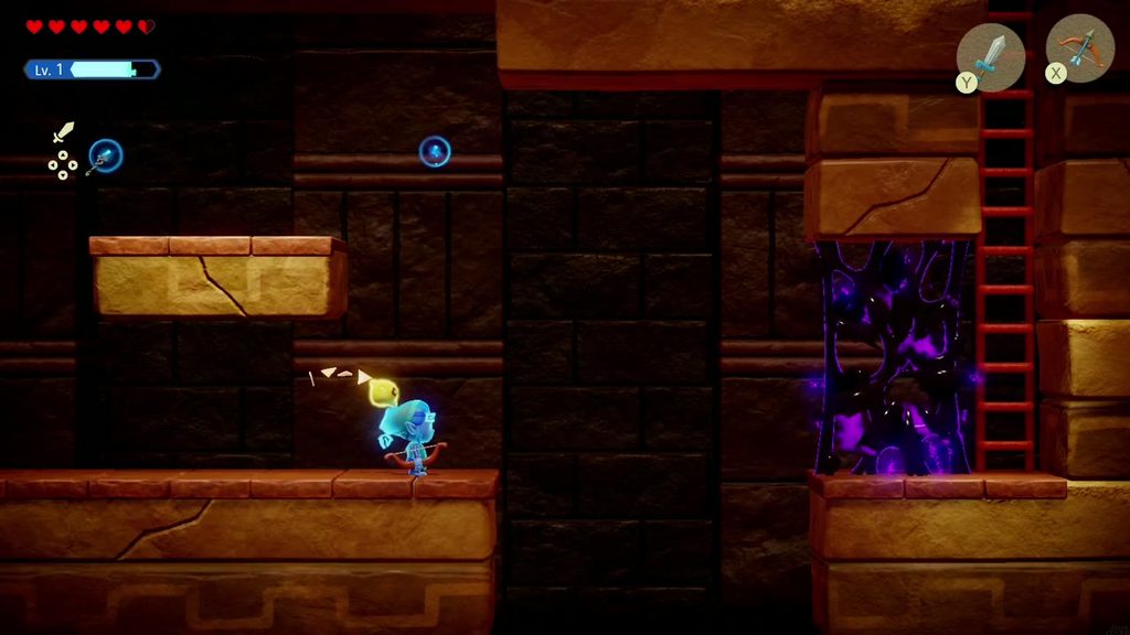 Gerudo Sanctum Dungeon - The Legend of Zelda: Echoes of Wisdom Walkthrough 97 In Swordfighter Form, Zelda breaks the purple rift-goo wall beside the right-hand ladder.