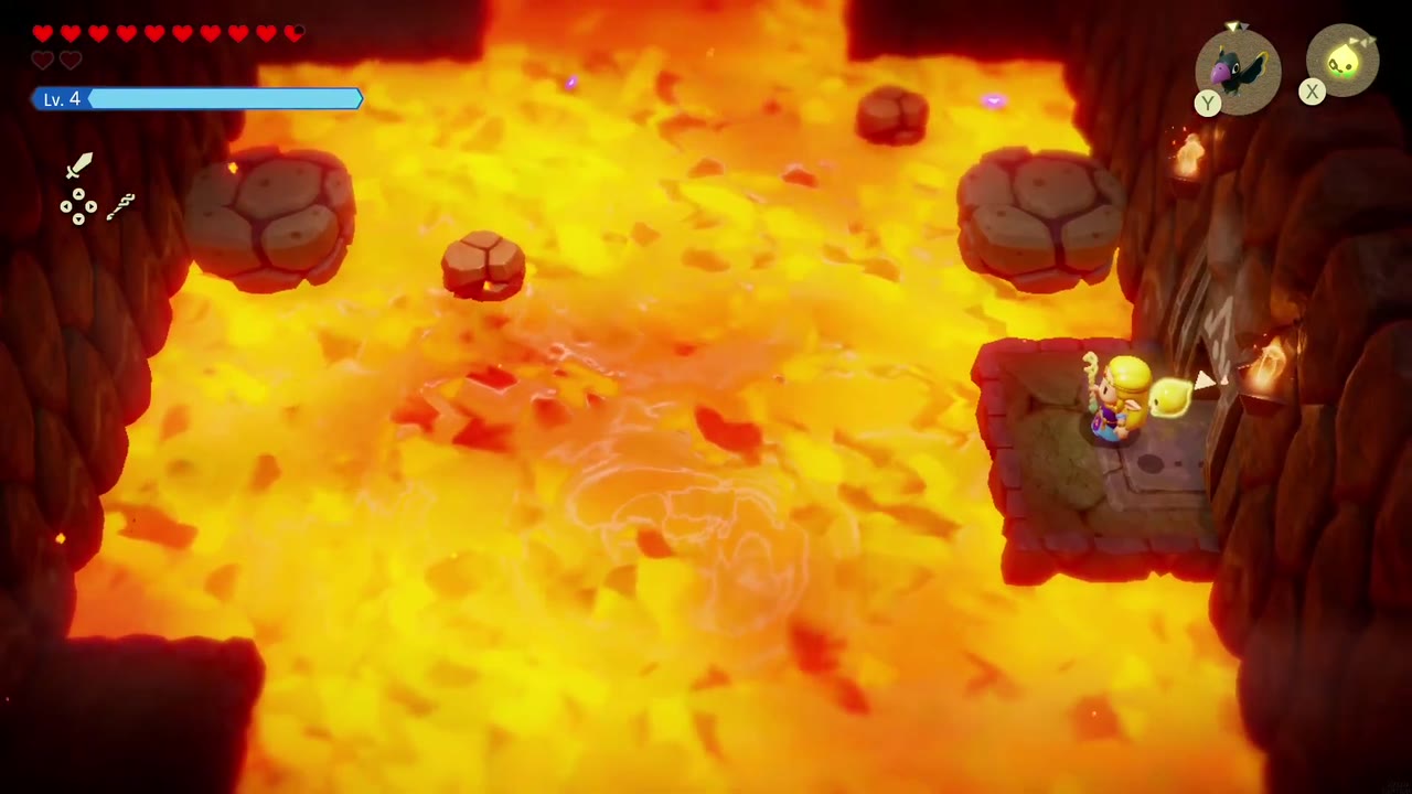 Eldin Temple Dungeon - The Legend of Zelda: Echoes of Wisdom Walkthrough 15 The locked left-door room of Eldin Temple flooded with lava while Zelda waits on the right ledge.