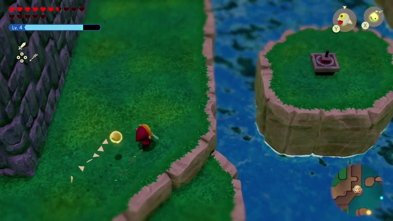 Hyrule Castle: Still Missing - The Legend of Zelda: Echoes of Wisdom Walkthrough 147 A stamp stand on a small grassy island in a narrow river gorge in Hyrule Field, seen from the bank.