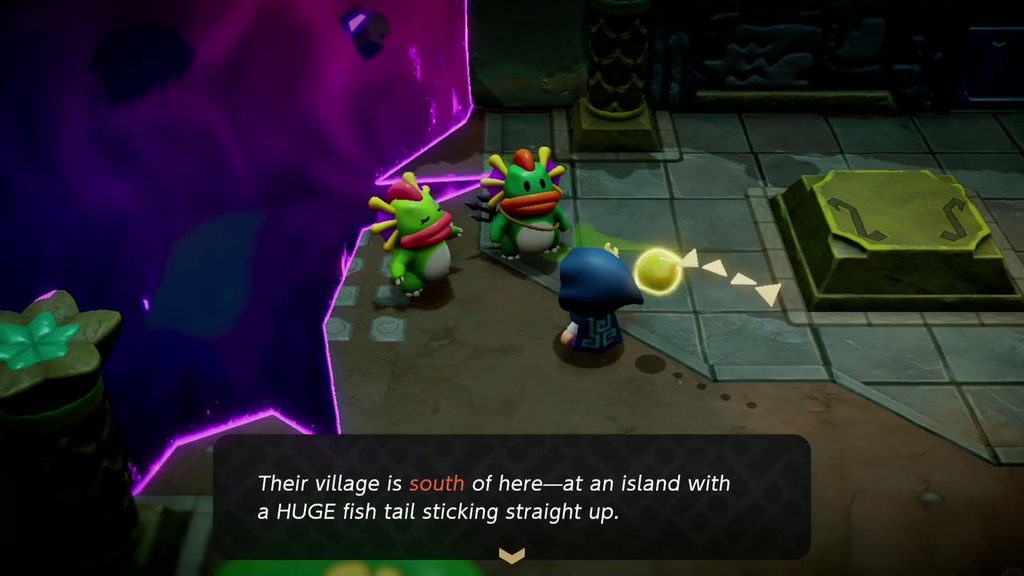 The Jabul Waters Rift - The Legend of Zelda: Echoes of Wisdom Walkthrough 17 A River Zora points Zelda south to Sea Zora Village, on the island with a huge fish tail.