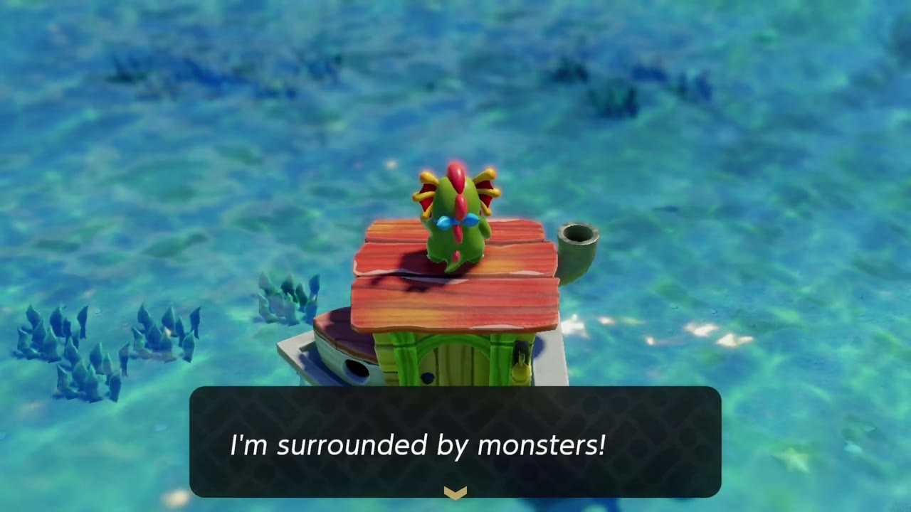 A River Zora on a boat at sea cries that he is surrounded by monsters, starting Big Shot. A River Zora on a boat at sea cries that he is surrounded by monsters, starting Big Shot.