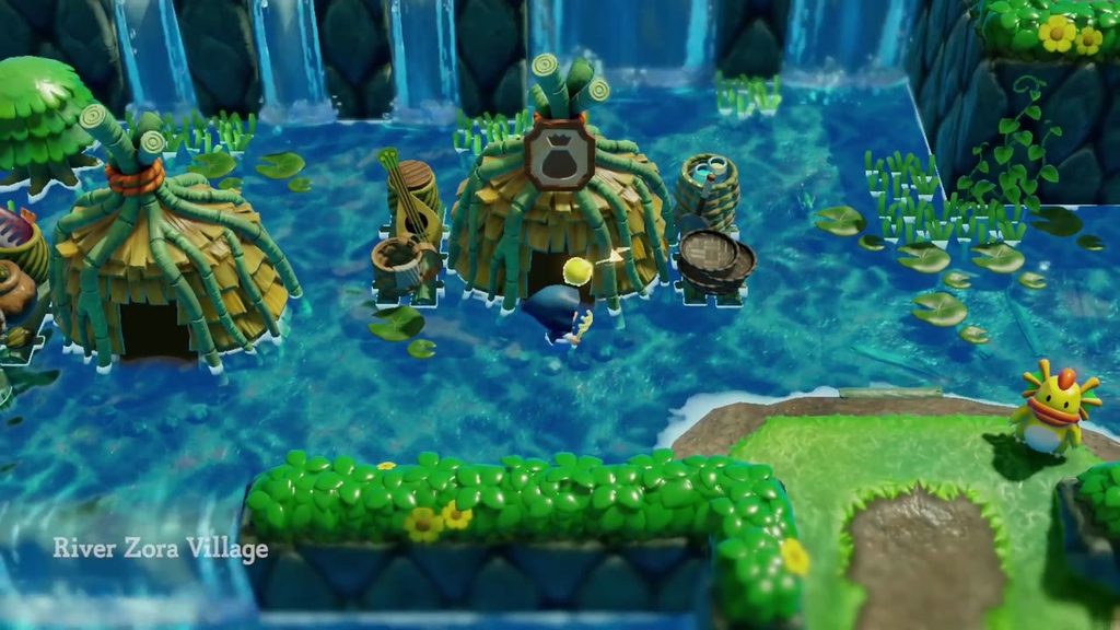 The Jabul Waters Rift - The Legend of Zelda: Echoes of Wisdom Walkthrough 86 River Zora Village title card over the huts on Zora River, where the Jabul Waters collectibles start.