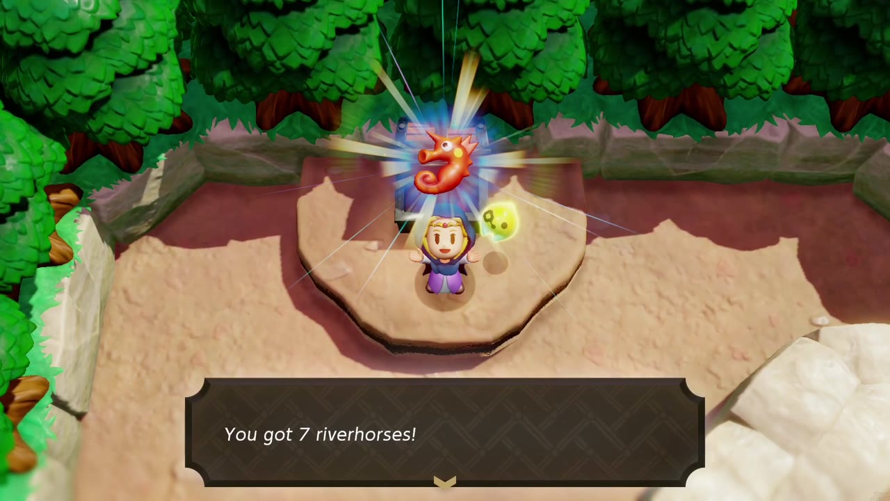 Zelda holds up a red riverhorse from a chest in a walled clearing in Eastern Hyrule Field Zelda holds up a red riverhorse from a chest in a walled clearing in Eastern Hyrule Field