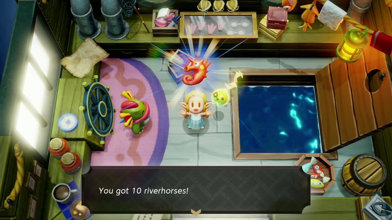 Zelda holds up 10 Riverhorses in the boat cabin, the reward for rescuing the River Zora. Zelda holds up 10 Riverhorses in the boat cabin, the reward for rescuing the River Zora.
