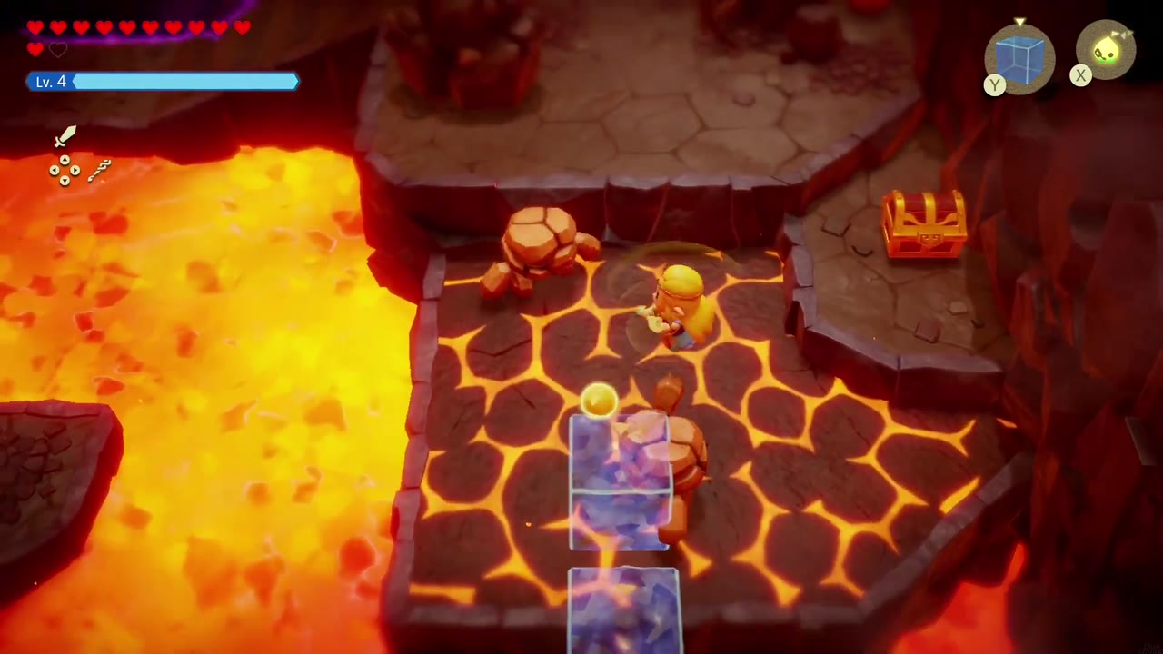 Zelda nears a treasure chest on a stone ledge surrounded by lava in Rock-Roast Quarry Zelda nears a treasure chest on a stone ledge surrounded by lava in Rock-Roast Quarry