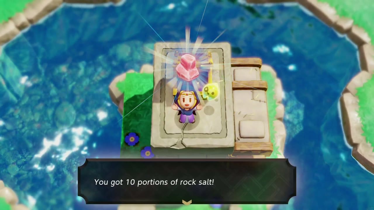 Zelda holds up pink rock salt on top of a stone pillar in a pond Zelda holds up pink rock salt on top of a stone pillar in a pond