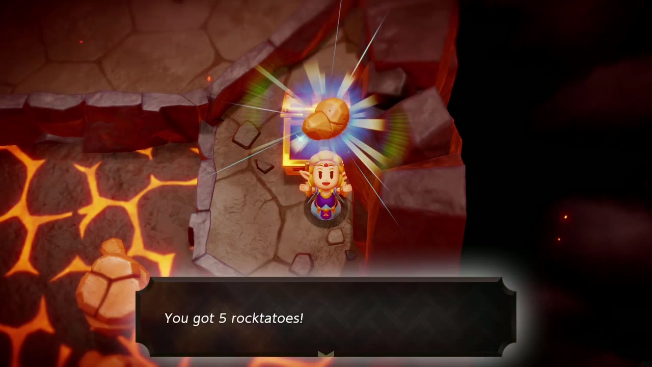 Zelda holds up a rocktato from a chest beside the lava in Rock-Roast Quarry Zelda holds up a rocktato from a chest beside the lava in Rock-Roast Quarry