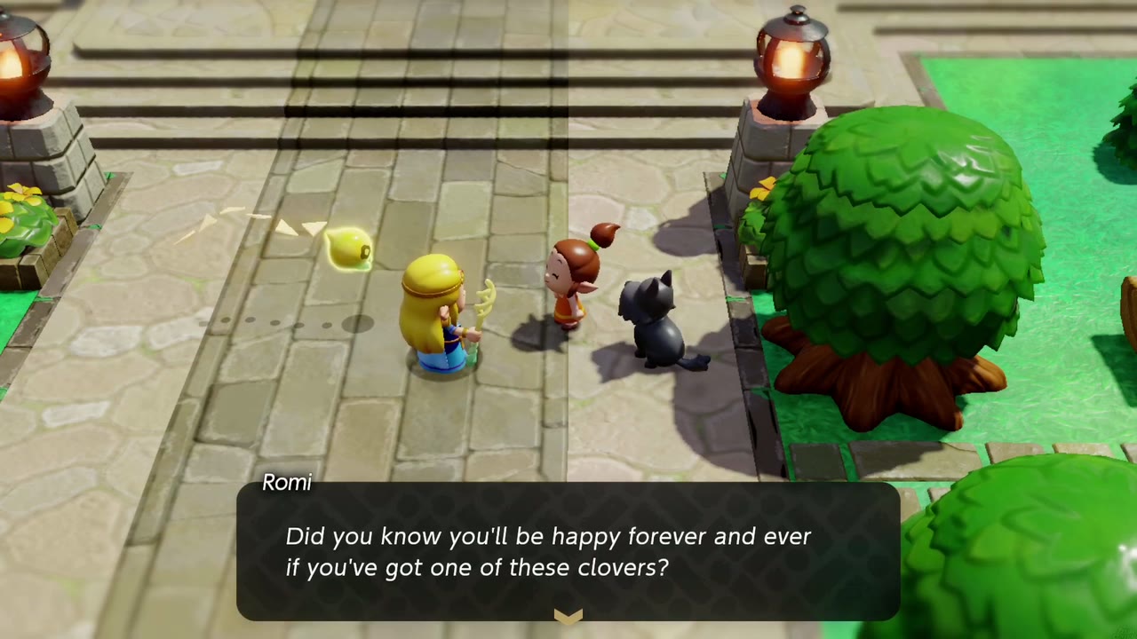 Romi, with her black dog, tells Zelda about her clovers outside Hyrule Castle Romi, with her black dog, tells Zelda about her clovers outside Hyrule Castle