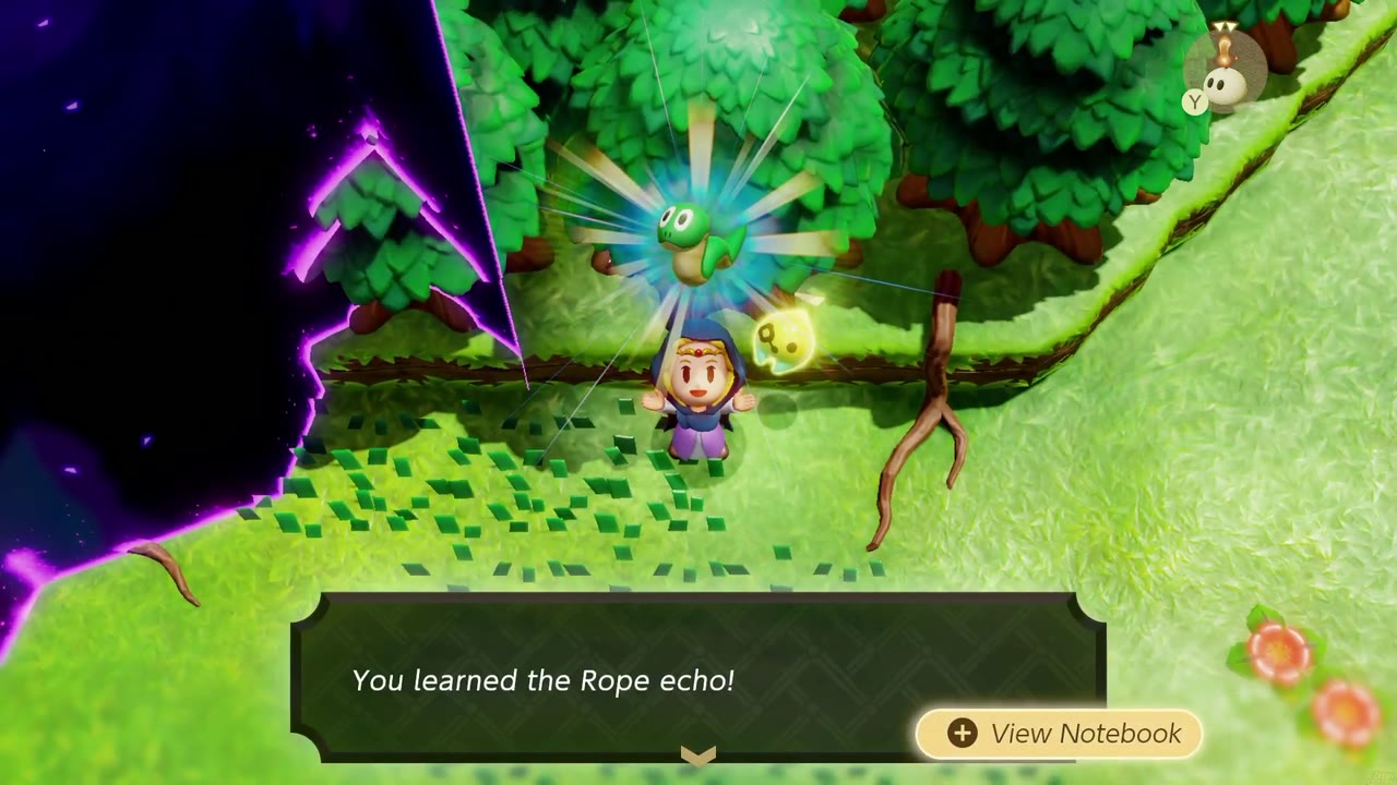 Zelda aprende o eco da Corda em uma trilha gramada na Floresta de Suthorn, à beira da grande fenda. Zelda aprende o eco da Corda em uma trilha gramada na Floresta de Suthorn, à beira da grande fenda.