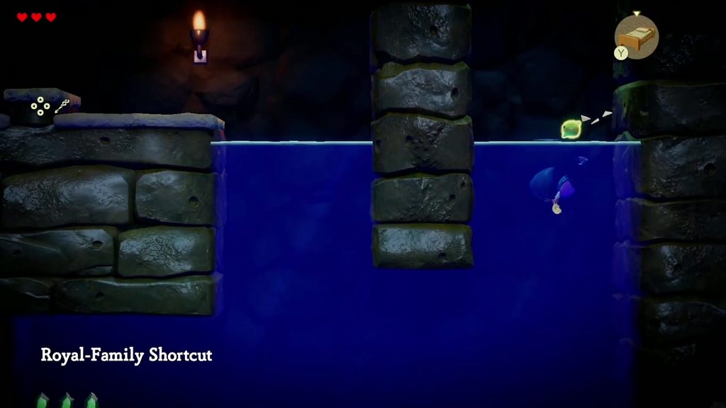 Zelda swims in the side-on underground waterway beneath Hyrule Castle, the Royal-Family Shortcut
