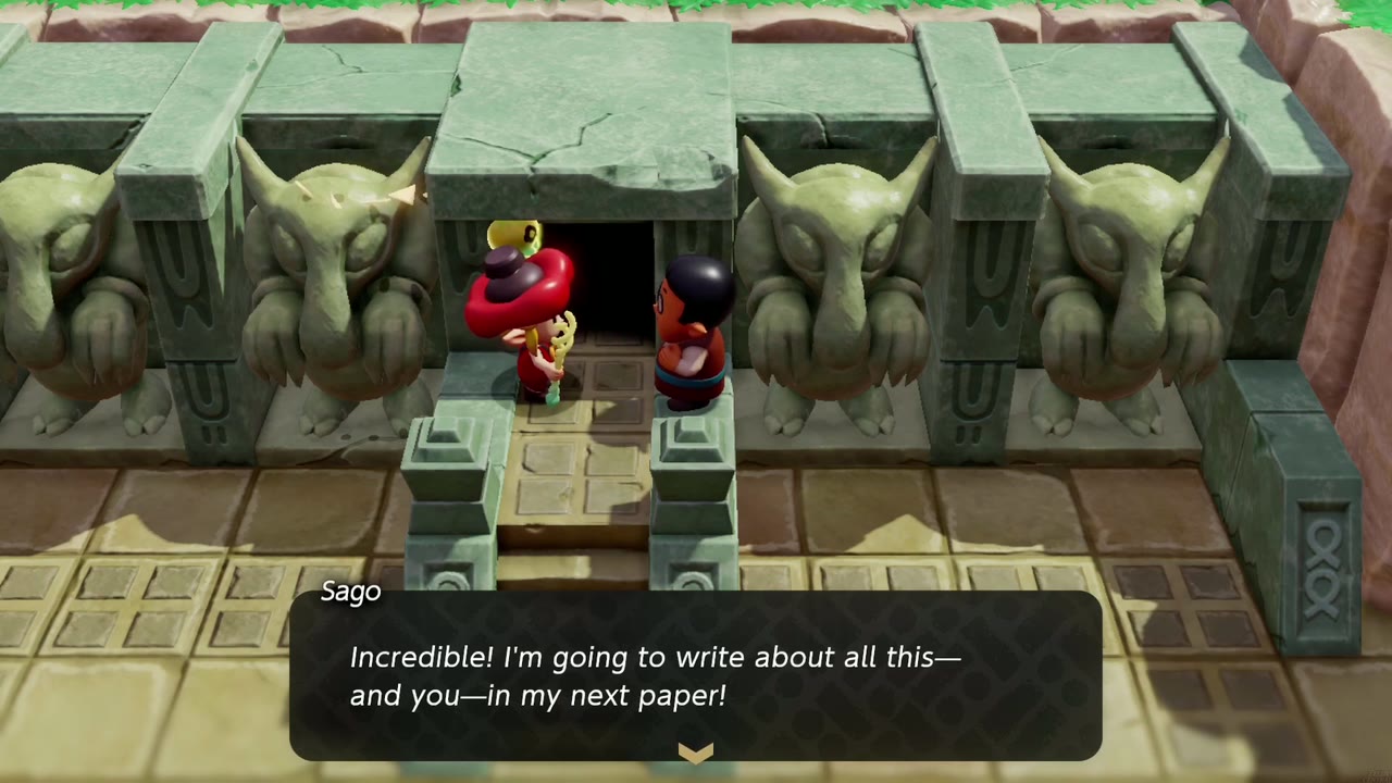 Sago, at the Eastern Temple's stone gate, says he will write about Zelda in his next paper Sago, at the Eastern Temple's stone gate, says he will write about Zelda in his next paper