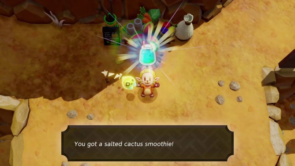 The Rift on Eldin Volcano - The Legend of Zelda: Echoes of Wisdom Walkthrough 5 Zelda holds up a Salted Cactus Smoothie, a fire-proof drink made at the Eldin Volcano Trail smoothie stand.