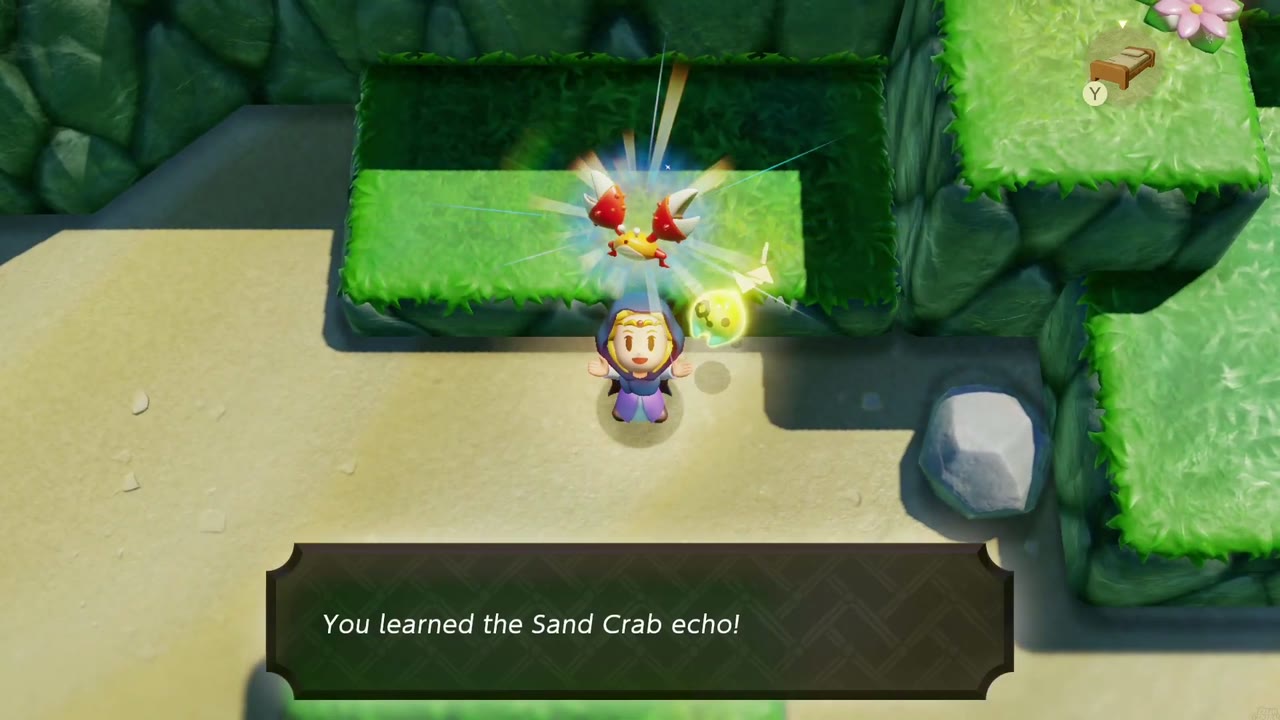 Zelda aprende o eco do Caranguejo da Areia na área de sebes arenosas ao sul de Jabul Waters. Zelda aprende o eco do Caranguejo da Areia na área de sebes arenosas ao sul de Jabul Waters.