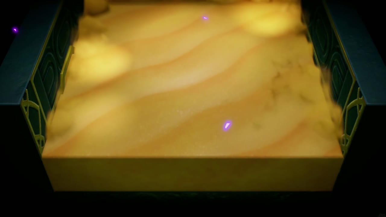 Gerudo Sanctum Dungeon - The Legend of Zelda: Echoes of Wisdom Walkthrough 128 Cutscene of sand draining away from the round dais room deeper in Gerudo Sanctum.