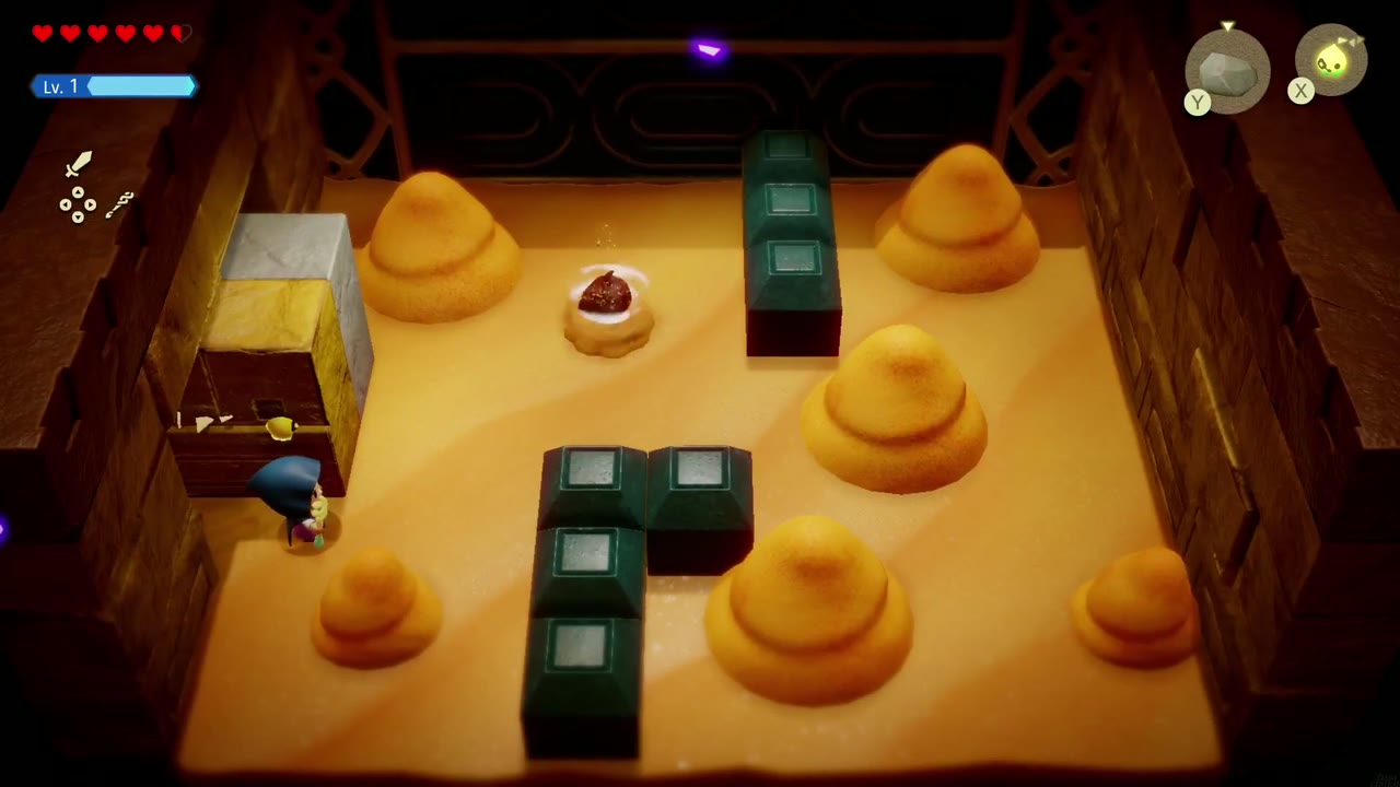 Gerudo Sanctum Dungeon - The Legend of Zelda: Echoes of Wisdom Walkthrough 51 A Gerudo Sanctum room buried under sand mounds, with a chest poking out of one.