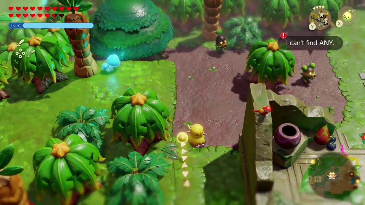 In Scrubton, a Deku Scrub by a big leafy bush grumbles "I can't find ANY." as Zelda walks up. In Scrubton, a Deku Scrub by a big leafy bush grumbles "I can't find ANY." as Zelda walks up.