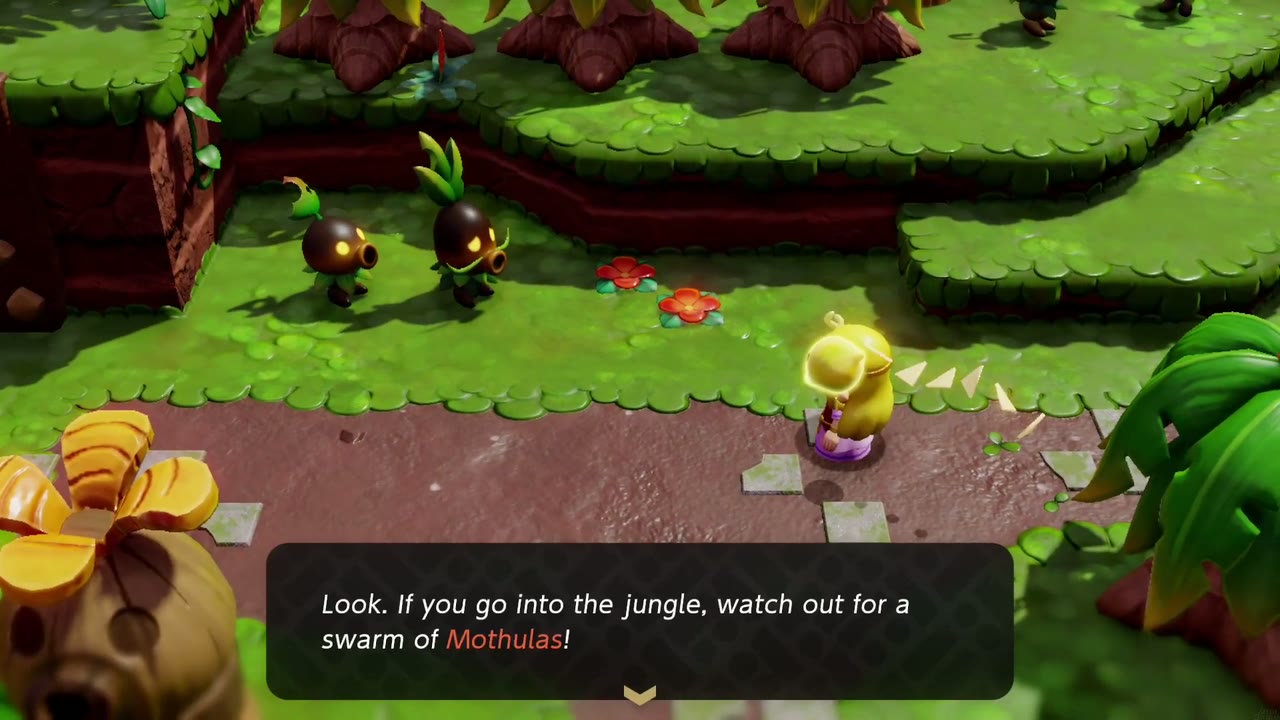 A scrub warns Zelda to watch out for a swarm of Mothulas if she goes into the jungle. A scrub warns Zelda to watch out for a swarm of Mothulas if she goes into the jungle.
