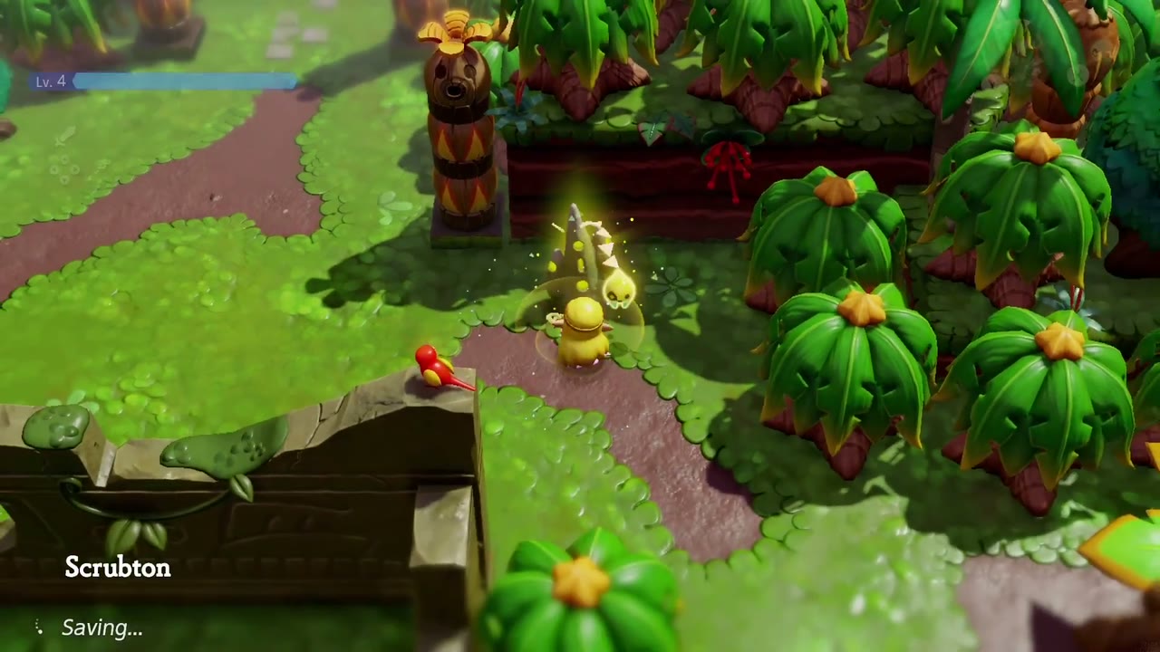 Zelda walks into Scrubton among the palm-like Deku huts under the Scrubton banner Zelda walks into Scrubton among the palm-like Deku huts under the Scrubton banner