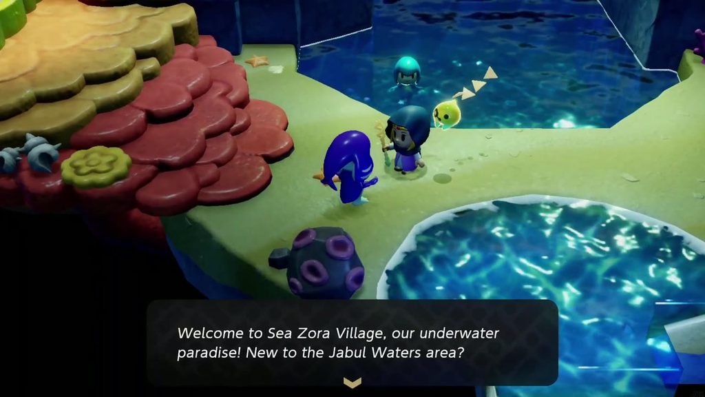 The Jabul Waters Rift - The Legend of Zelda: Echoes of Wisdom Walkthrough 22 A Sea Zora welcomes Zelda to Sea Zora Village, the underwater settlement in Zora Cove.