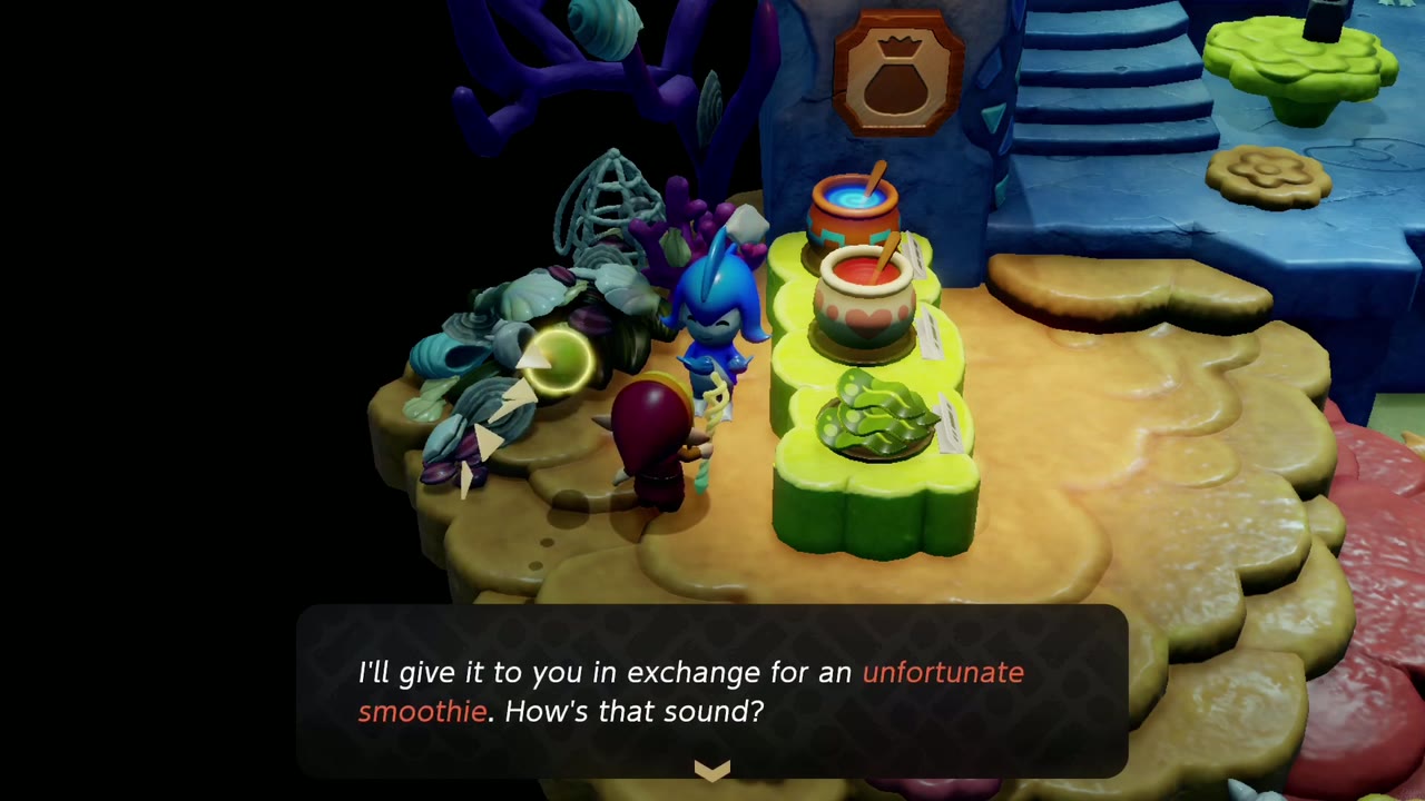 A Sea Zora offers the floral seashell in exchange for an unfortunate smoothie. A Sea Zora offers the floral seashell in exchange for an unfortunate smoothie.