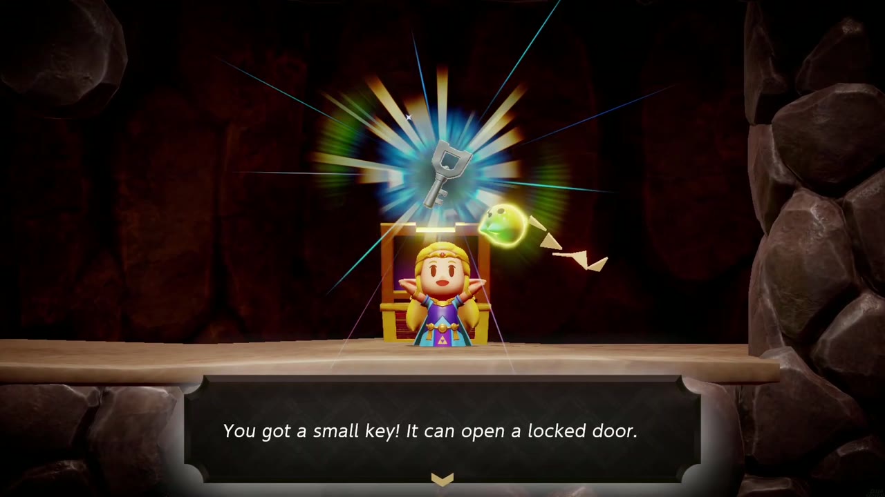 Eldin Temple Dungeon - The Legend of Zelda: Echoes of Wisdom Walkthrough 23 Zelda holds up a second Small Key in the dark side-view corridor of Eldin Temple 2F.