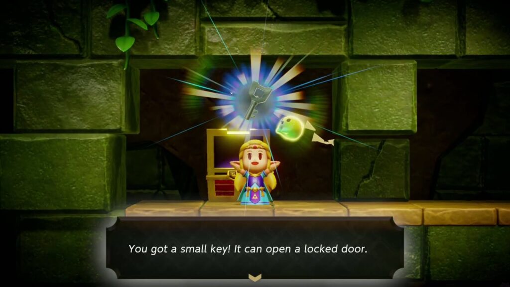 Faron Temple Dungeon - The Legend of Zelda: Echoes of Wisdom Walkthrough 21 Zelda holds up Faron Temple's second small key from the chest on the side-view room's upper ledge.