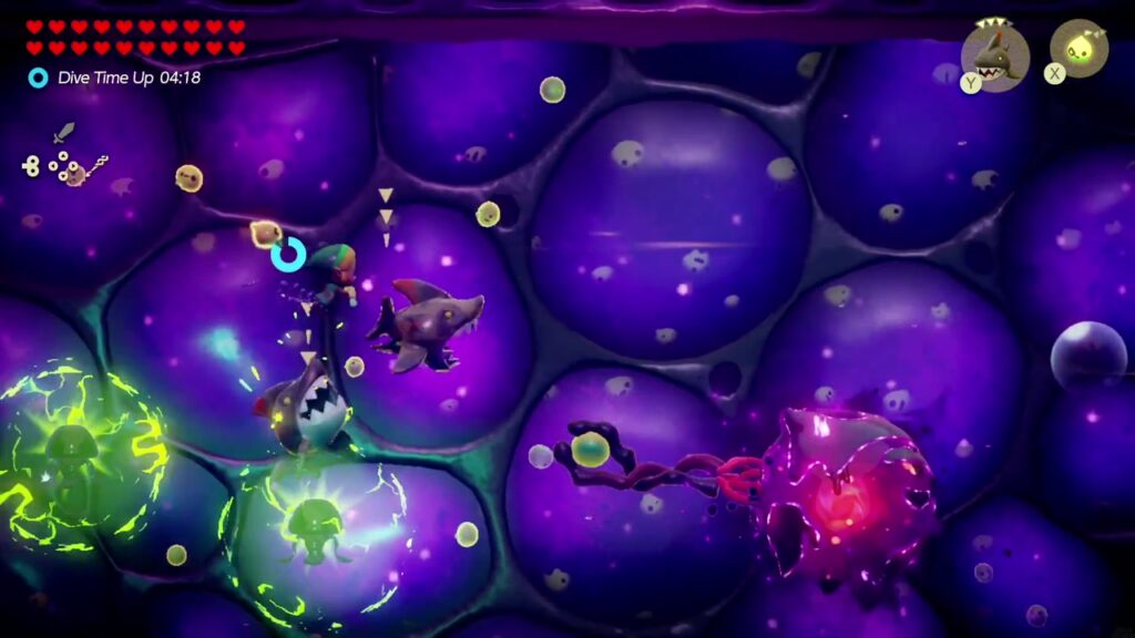 Null's Body: Final Dungeon - The Legend of Zelda: Echoes of Wisdom Walkthrough 44 A shadow Chompfin and crackling green bubbles threaten Zelda as she closes on Null's red core.