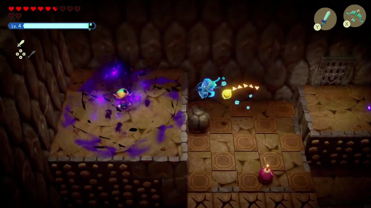 Shadow Link dissolves into purple smoke on the cracked tiles of Eldin Temple 2F Shadow Link dissolves into purple smoke on the cracked tiles of Eldin Temple 2F