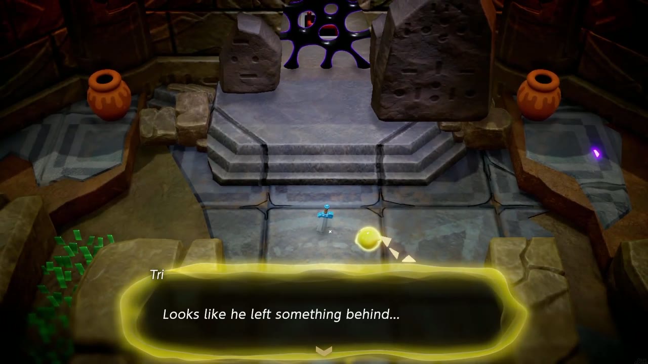 Tri notes the defeated imposter left its sword lying on the shrine room floor in Suthorn Ruins
