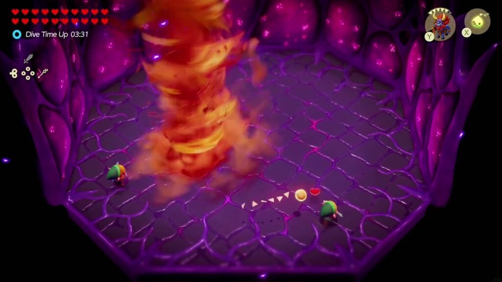 Null's Body: Final Dungeon - The Legend of Zelda: Echoes of Wisdom Walkthrough 48 A summoned tornado sweeps across the red arena; Zelda and Link keep to the edges to dodge it.