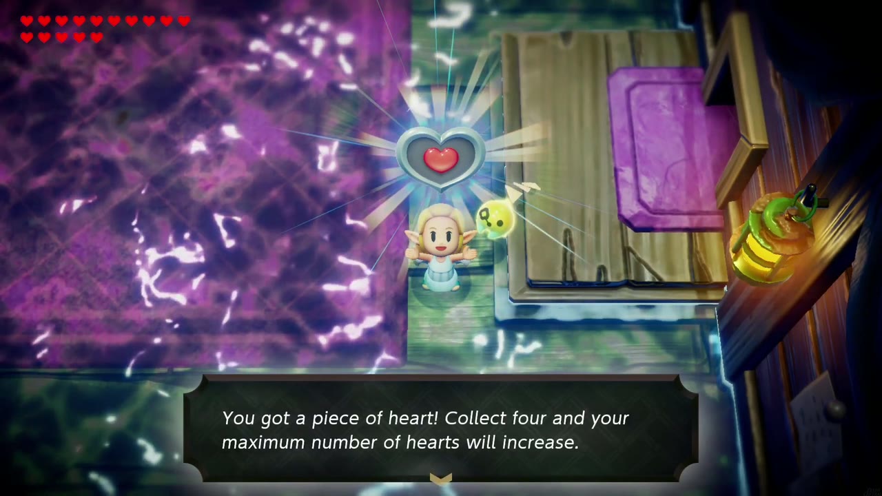 Zelda holds up the Piece of Heart dropped by the Zappy Shipwreck's electric boss. Zelda holds up the Piece of Heart dropped by the Zappy Shipwreck's electric boss.