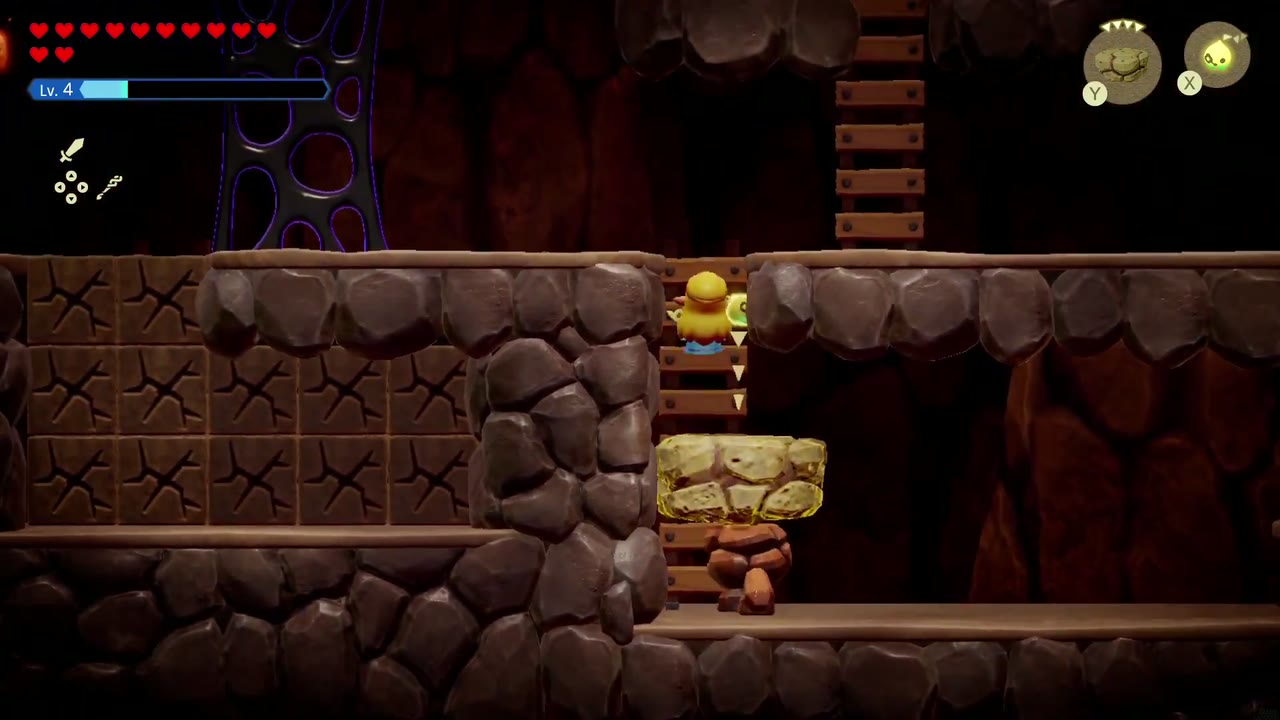 Eldin Temple Dungeon - The Legend of Zelda: Echoes of Wisdom Walkthrough 30 In the Eldin Temple side-scrolling cavern, Zelda carries a rock block up to the next ledge.