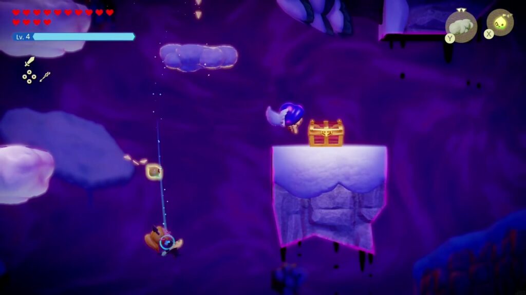 Hebra Mountain: A Rift on Holy Mount Lanayru - The Legend of Zelda: Echoes of Wisdom Walkthrough 89 On the side-scrolling cliff, Zelda hops across Cloud echoes over the void toward a chest on a pillar.