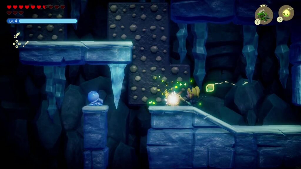 Hebra Mountain: A Rift on Holy Mount Lanayru - The Legend of Zelda: Echoes of Wisdom Walkthrough 67 Zelda climbs through the side-scrolling icicle cave past a Freezard on a pillar.