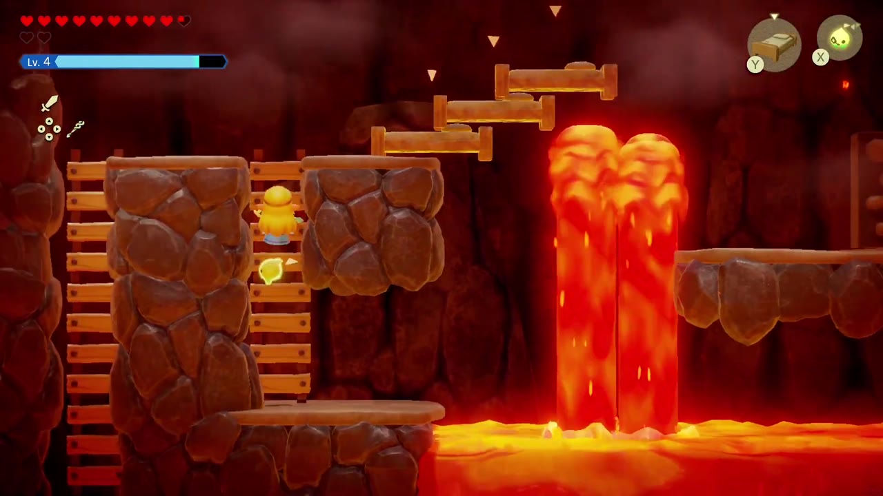 Eldin Temple Dungeon - The Legend of Zelda: Echoes of Wisdom Walkthrough 21 Side-view Eldin Temple cavern with Old Bed stairs climbing beside a lavafall.