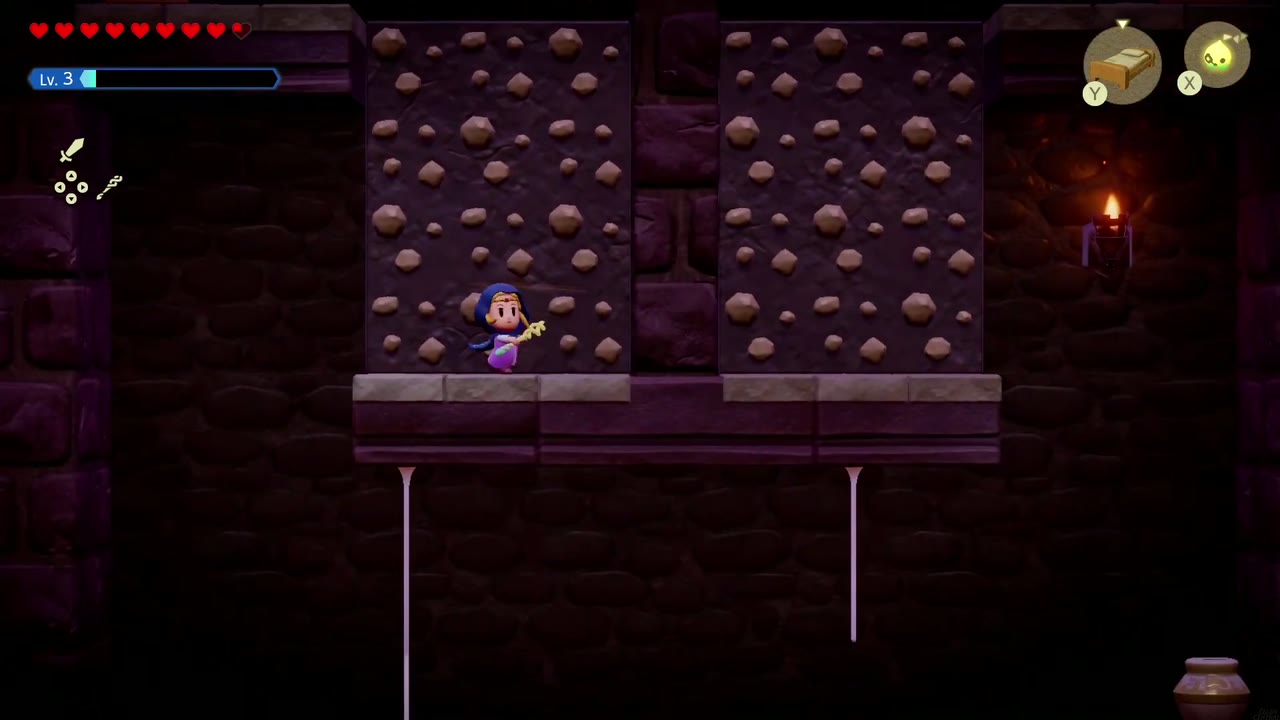 Hyrule Castle: Still Missing - The Legend of Zelda: Echoes of Wisdom Walkthrough 103 Zelda works through the side-view rooms on narrow ledges below the studded rock walls.
