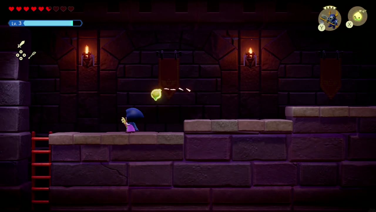 Hyrule Castle: Still Missing - The Legend of Zelda: Echoes of Wisdom Walkthrough 42 Zelda climbs down a short side-view passage of ladders and ledges below the throne room.