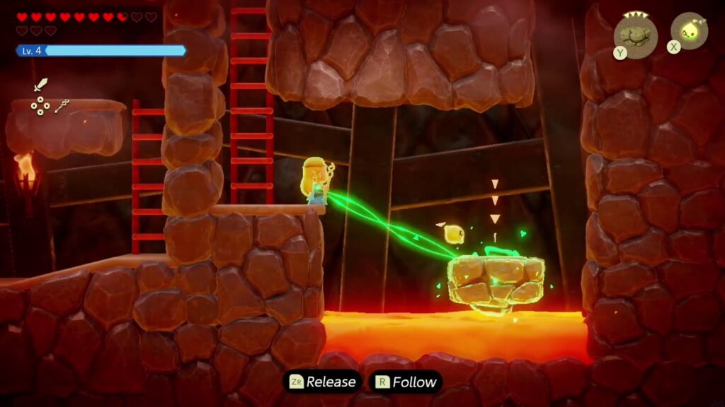 The Rift on Eldin Volcano - The Legend of Zelda: Echoes of Wisdom Walkthrough 83 In the side-view lava passage, Zelda uses Bind to steer a rock block across the lava toward the ladders.
