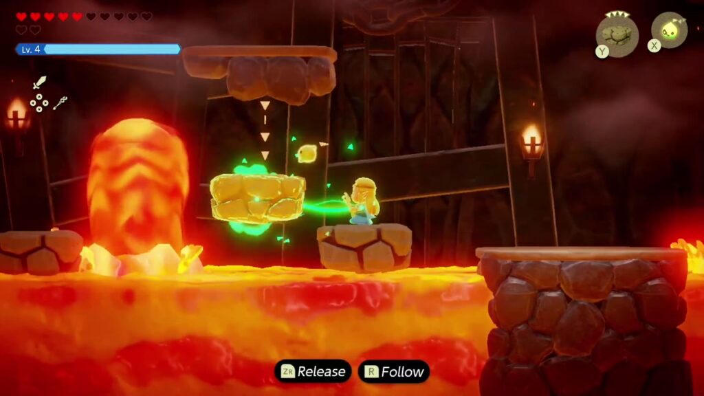 The Rift on Eldin Volcano - The Legend of Zelda: Echoes of Wisdom Walkthrough 67 In the side-view lava cave, Zelda binds a Lava Rock to ride past the rising lava pillars.