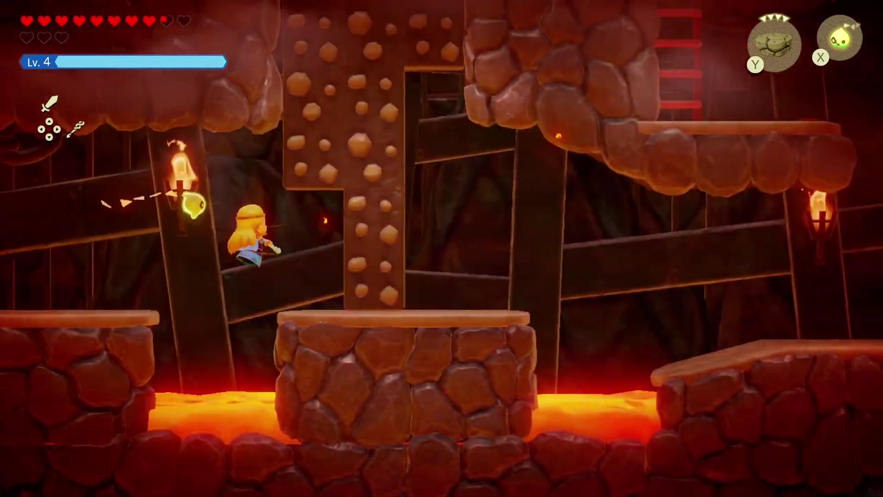 A Mountainous Mystery - The Legend of Zelda: Echoes of Wisdom Walkthrough 17 The cave switches to a side-view section of ladders and rock over lava.