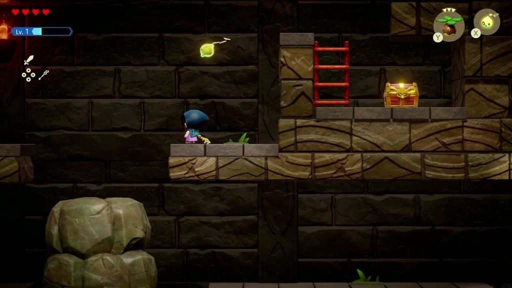 The side-view Suthorn Ruins room with the Heart Pin chest sitting on a high ledge beside a ladder