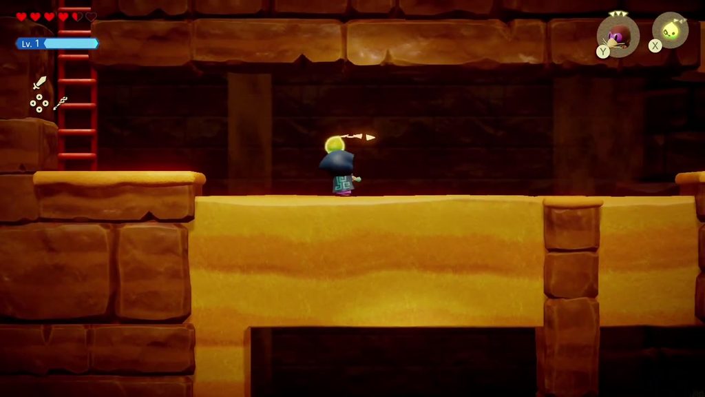 A Rift in the Gerudo Desert - The Legend of Zelda: Echoes of Wisdom Walkthrough 50 Zelda in the side-view sandstone passage below the Holmill room of the Ancestor's Cave of Rest.