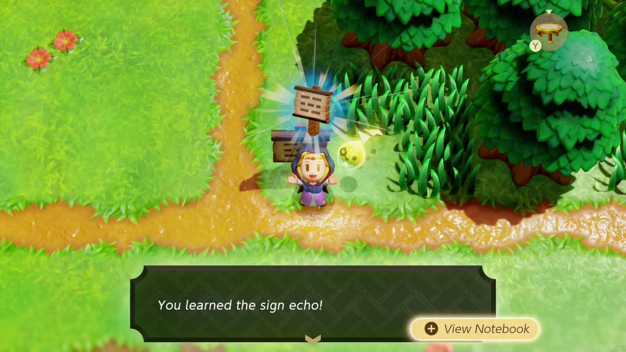 Zelda encapuzada aprende o eco dos Sinais em uma placa de madeira em uma trilha da pradaria de Suthorn. Zelda encapuzada aprende o eco dos Sinais em uma placa de madeira em uma trilha da pradaria de Suthorn.